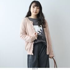 【大きいサイズ】透かし柄編みフロントフリルカーディガン