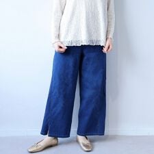 【大きいサイズ】スリットヘム切替えワイドデニムパンツ