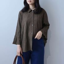 【大きいサイズ】シャーリングジャガードニットシャツ