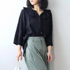 【大きいサイズ】ドビーチェックフリルカラーブラウス