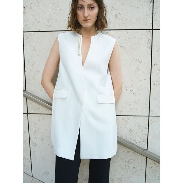 CELFORD リネンライクパールネックロングジレ OHWT 美品】CELFORD リネンライクパールネックロングジレ