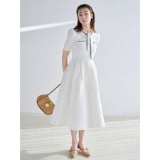 【UVカット】【洗える】ボウタイニットワンピース