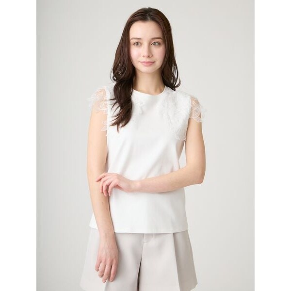 セルフォード　ホワイト Tシャツ トップスレース　半袖 洗える】【接触冷感】レースショルダーカットソー | セルフォード