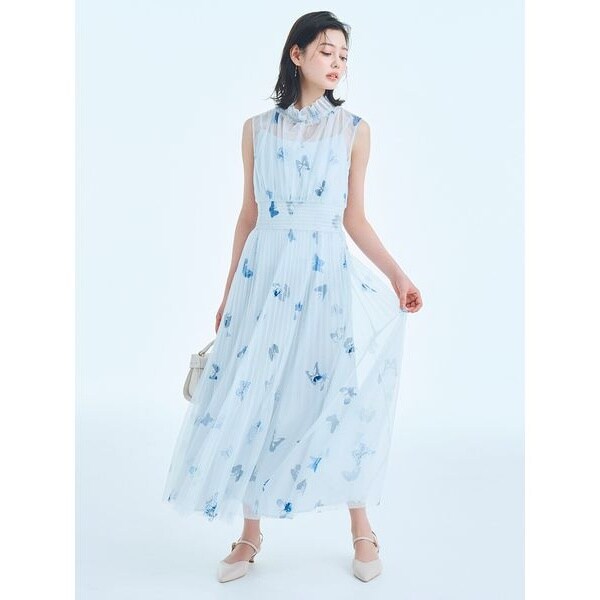美品 ハナエモリ × セルフォード コラボ バタフライ ボウタイ ワンピ 38 洗える】【HANAE MORI×CELFORDコラボ】バタフライプリントワンピース