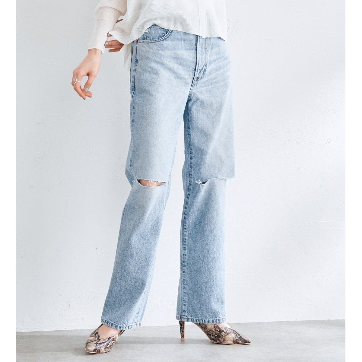 SOMETHING ELSA ヴィンテージルーズストレートパールデニムパンツ