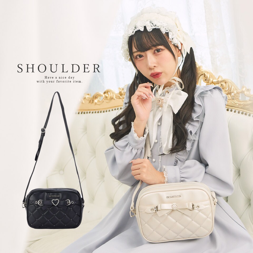 ショルダーバッグ キルティング スタッズ ハート リボン ビジュー