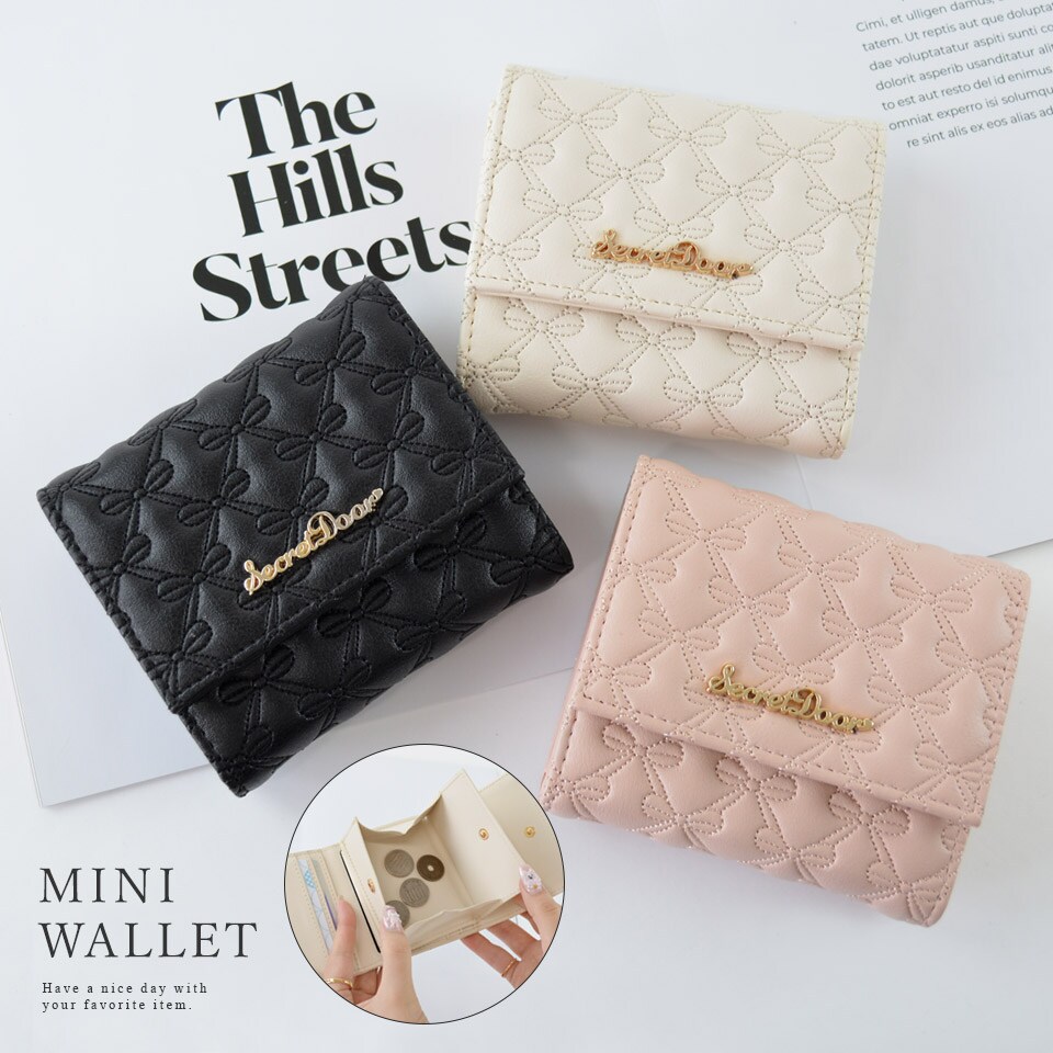 三つ折り財布 ボックスコイン 3つ折り ミニ財布 ハート 刺繍