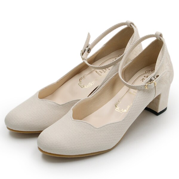 日本製】ラウンドトゥフラワーカットネックベルトパンプス | メタル