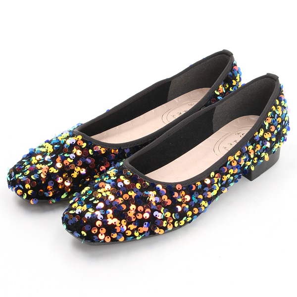 幅広3E】【日本製】ポインテッドトゥキラキラニットフラットパンプス