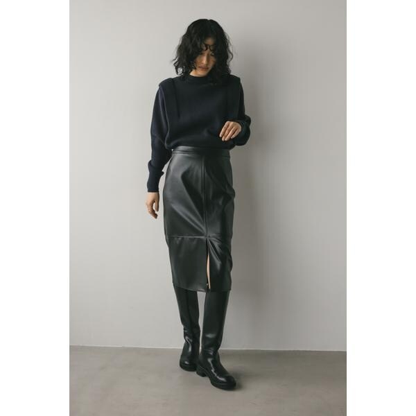 UN3D. フェイクレザー ミックススカート UN3D. - TUCK GATHER FLARE SK / タックギャザーフレアスカート