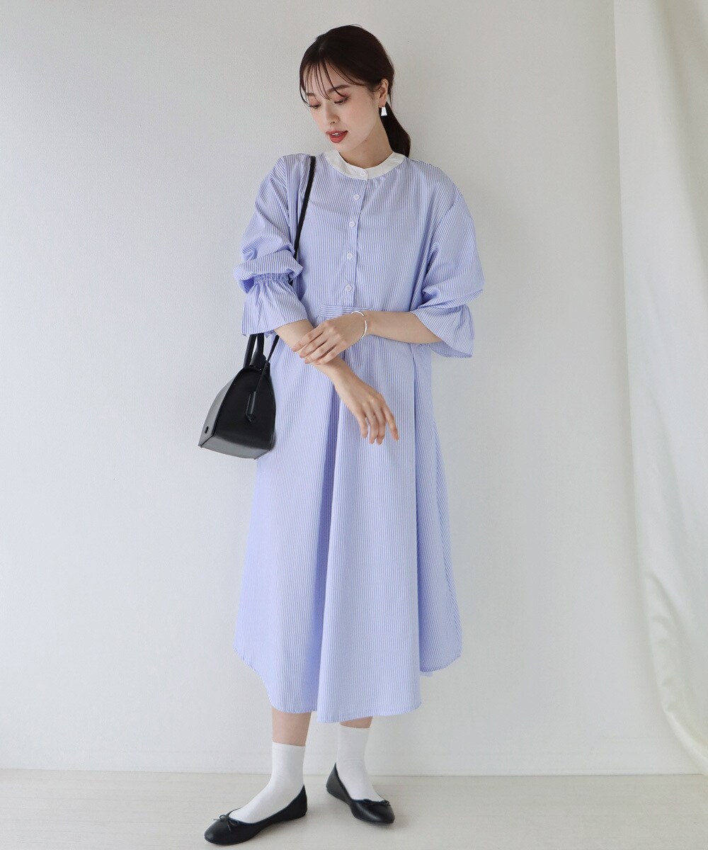 LEE MATHEWS ストライプ シャツ ワンピース ボリュームスリーブ 紺 ボリュームスリーブストライプシャツワンピース【CORNERS by KR