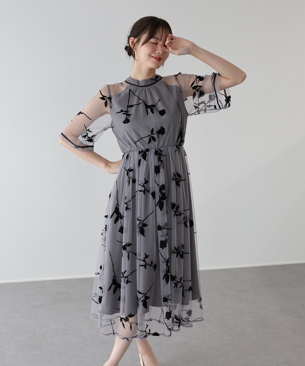 フラワー刺繍ベロアワンピース 結婚式 パーティードレス 成人式 二次会