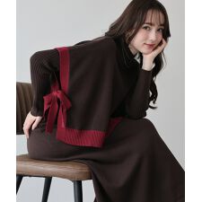 ブルーイースト(BLUEEAST)の【選べる2丈】サイドリボンケープニットベスト＆リブニットワンピース セットアップ