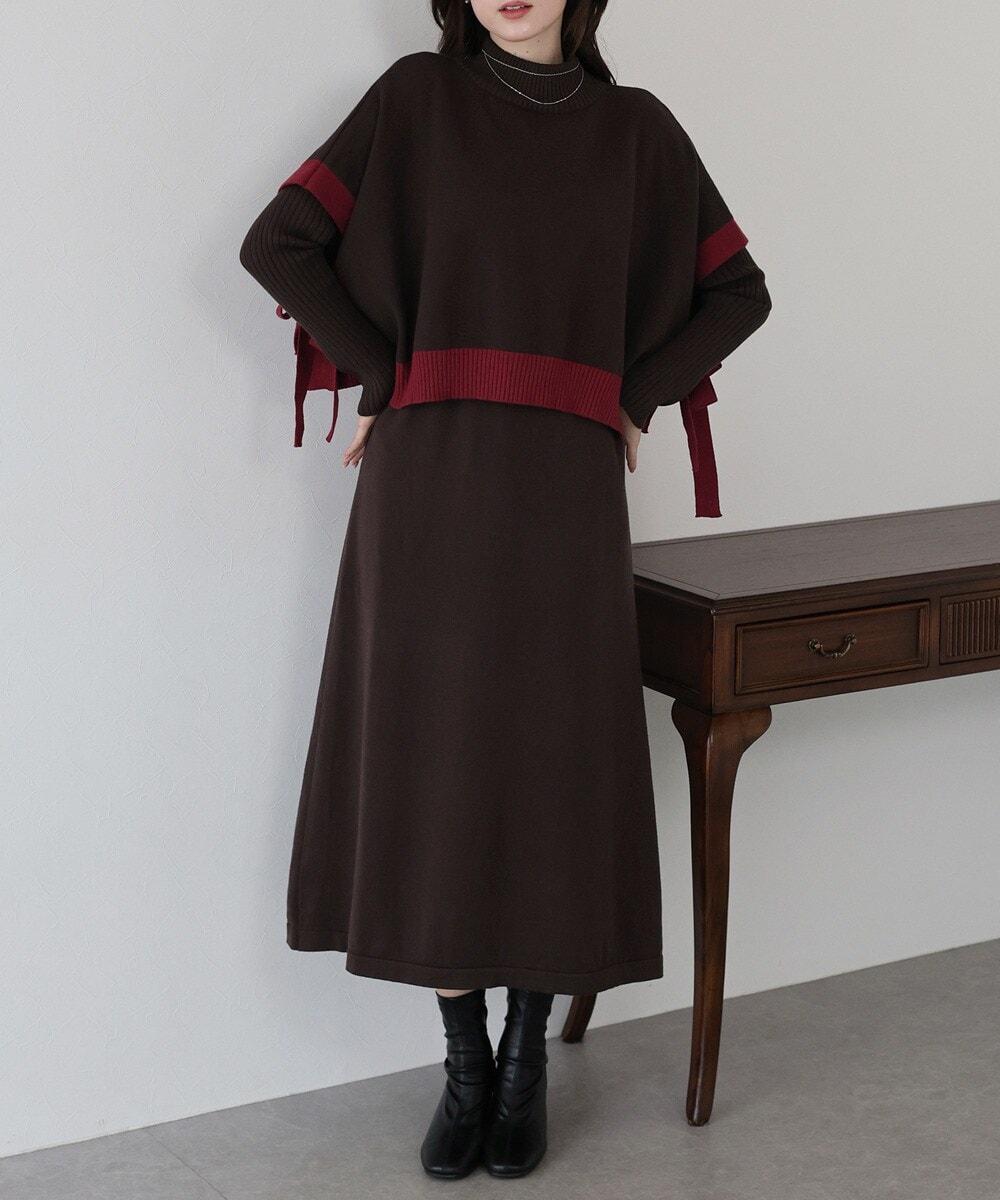 選べる2丈】サイドリボンケープニットベスト＆リブニットワンピース