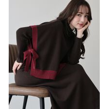 ブルーイースト(BLUEEAST)の【選べる2丈】サイドリボンケープニットベスト＆リブニットワンピース セットアップ