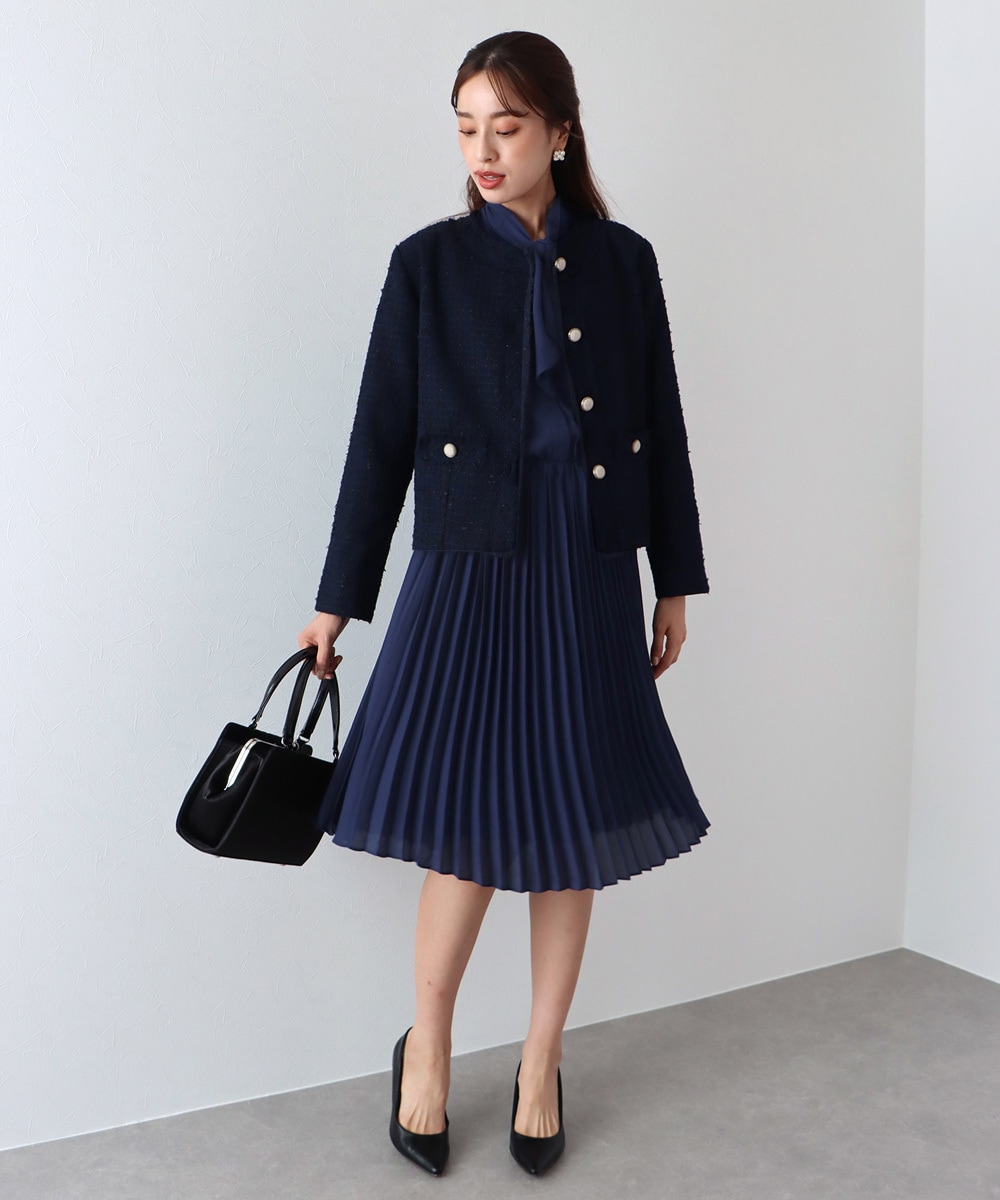 ミックスツイードノーカラージャケット×ボウタイプリーツシフォン