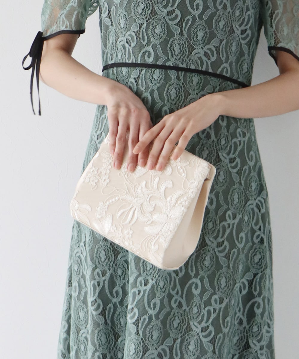 結婚式 パーティドレス くすみブルー Lサイズ クラッチバッグ 小物3点セット セール】バックリボン チュール刺繍レース 結婚式 オケージョン