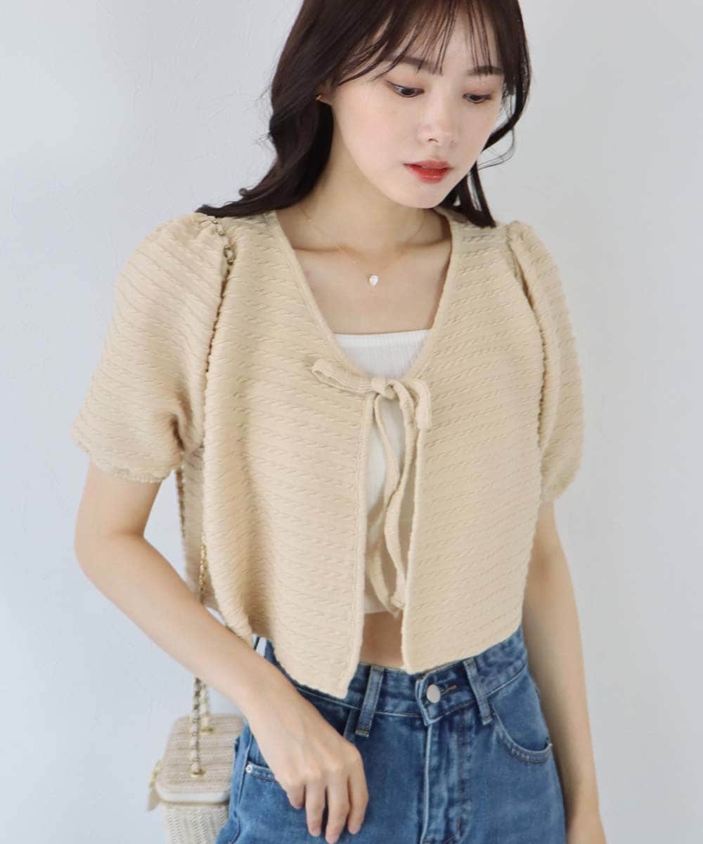 半袖ケーブル柄リボンカーディガン