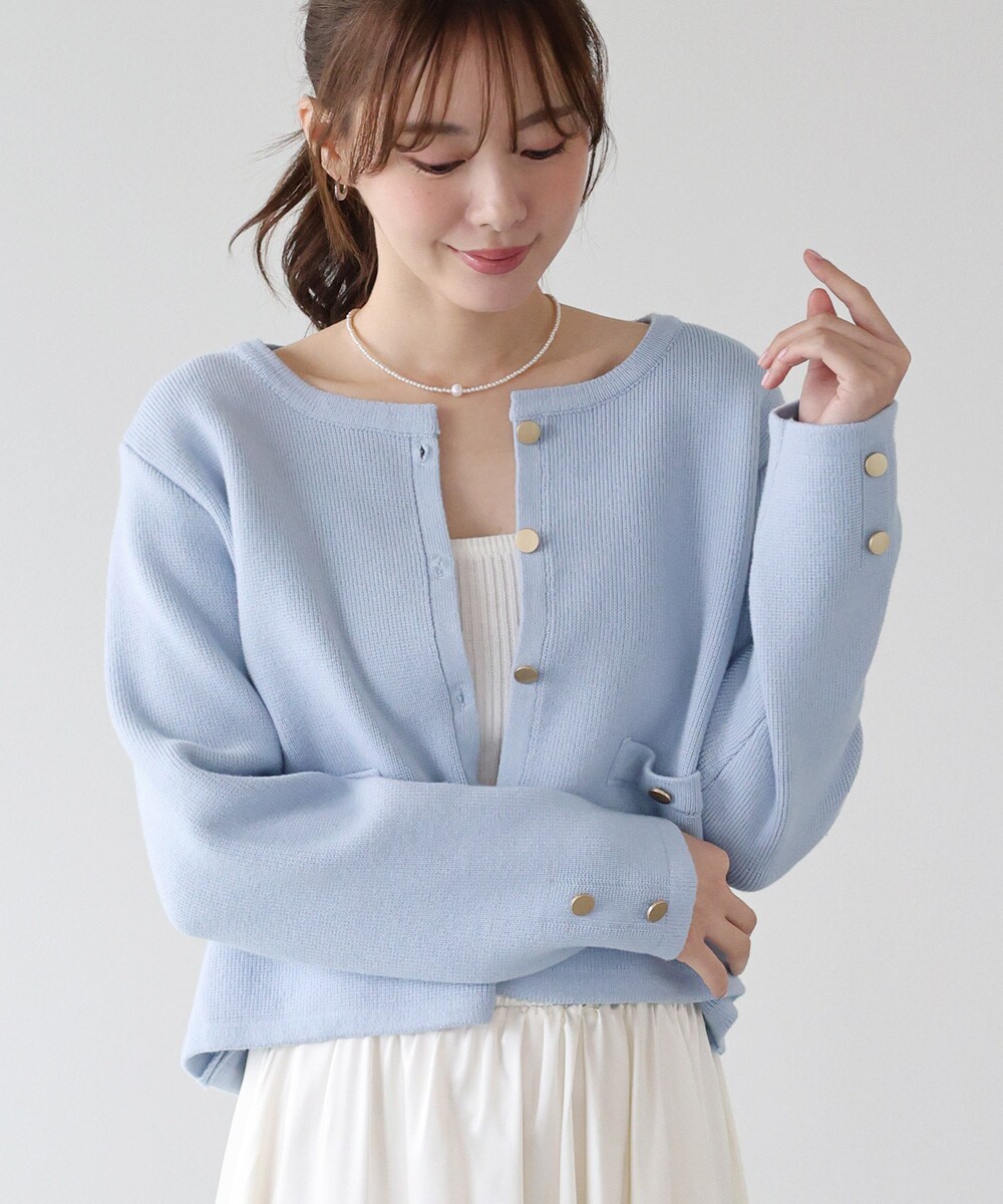 新色追加》金ボタンノーカラーニットジャケット | ブルーイースト