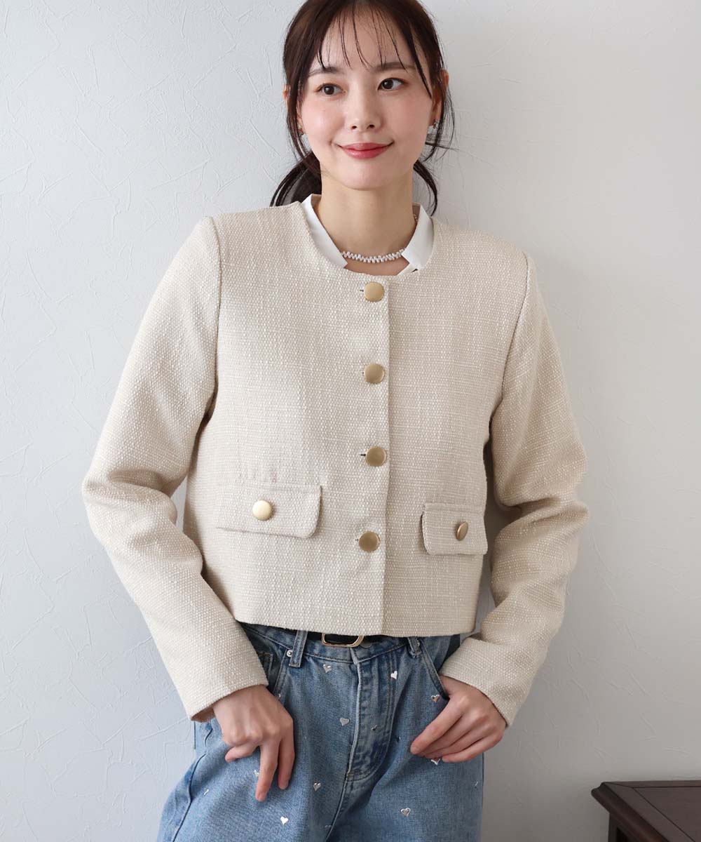 ブルレア　ノーカラーツイードジャケット　クリームイエロー イエローツイードノーカラージャケット/S.M.L/2023SS | trendgossip