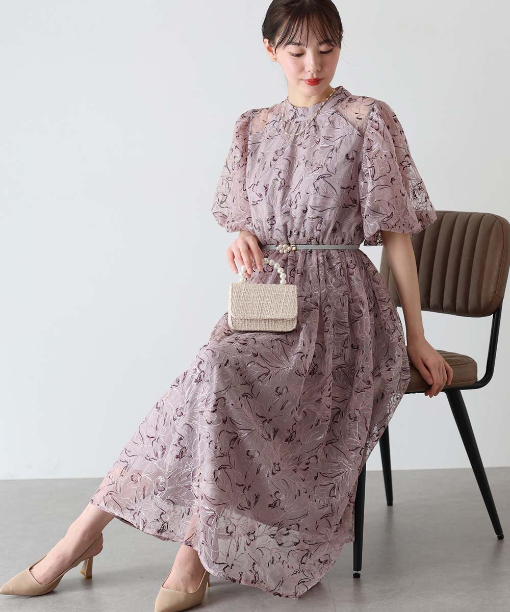 BLUEEASTドレス バックリボンレース パーティードレス ピンクベージュ S セール】バックリボンレースパーティードレス（ドレス