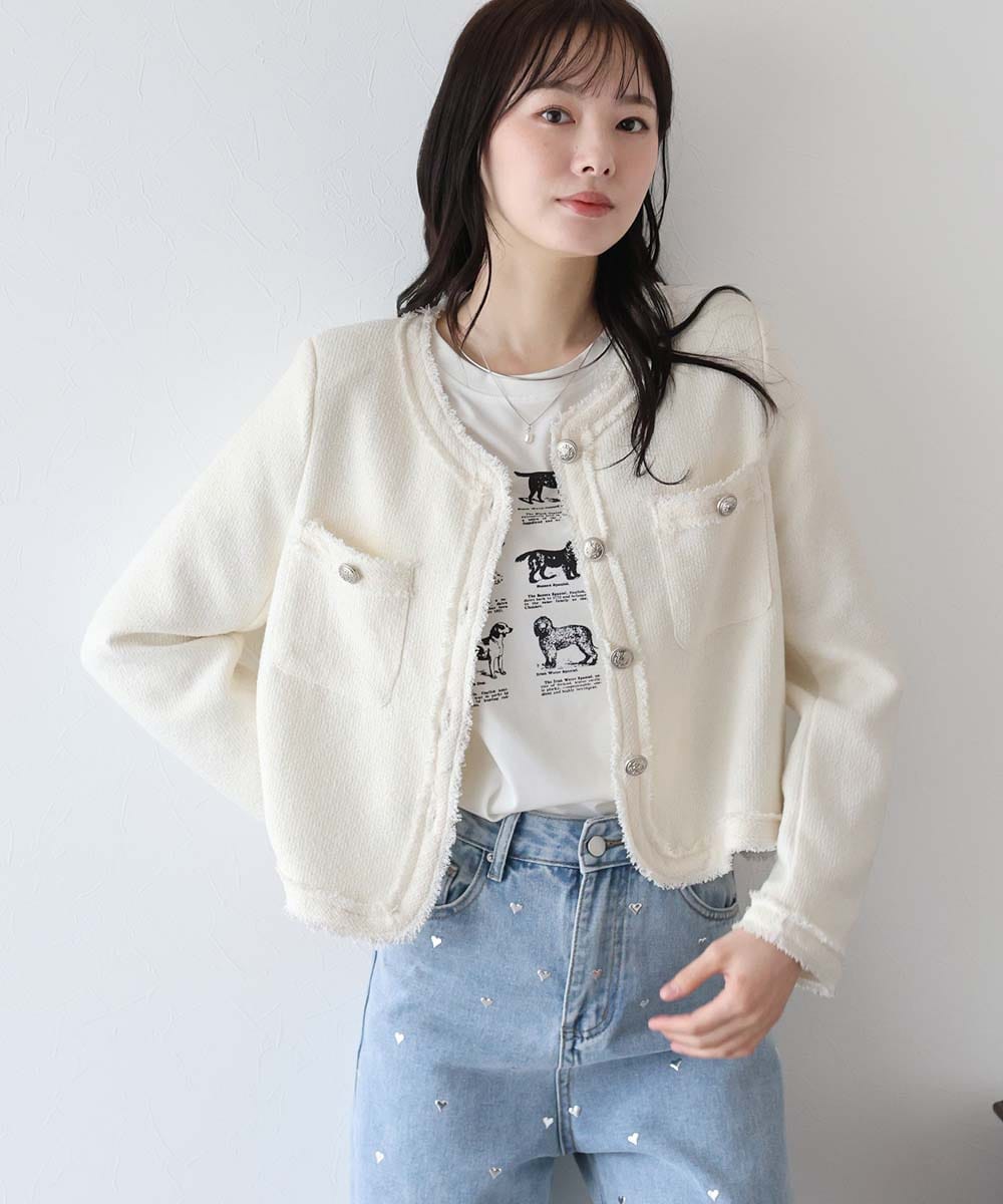 新品あり♡可愛い系♡ブルーイースト ノーカラー ツイード ジャケット L 入学式 ノーカラーツイードジャケット | ブルーイースト(BLUEEAST