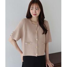 金ボタンノーカラー半袖ニットカーディガン