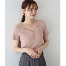 レース付ヘンリーネックTシャツ