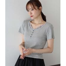 レース付ヘンリーネックTシャツ