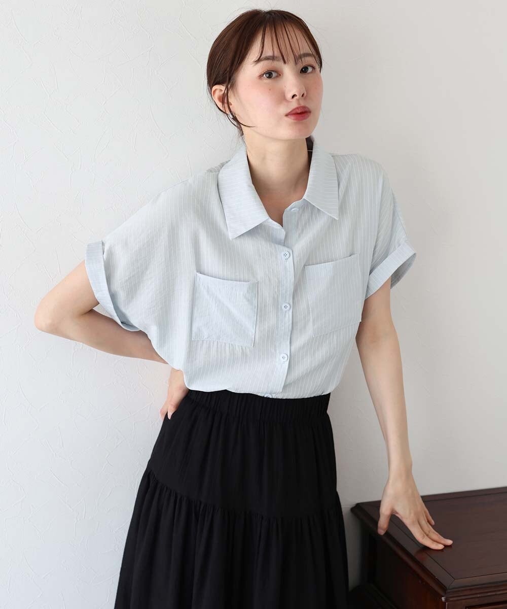 SOERTE 半袖ストライプシャツ アイボリー　サイズ1 ストライプオーバーサイズシャツ/Stripe over size shirt(1/2