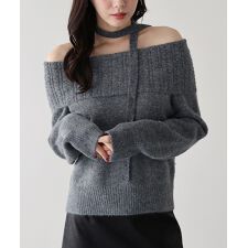 リボンタイ付きオフショルダーニット