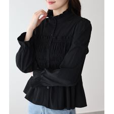 フリルネックシャーリングブラウス