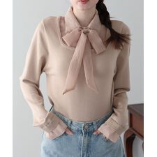 リボン付きシアーシャツドッキングスクエアニット