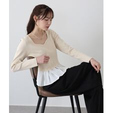 プリーツドッキングハートネックニット