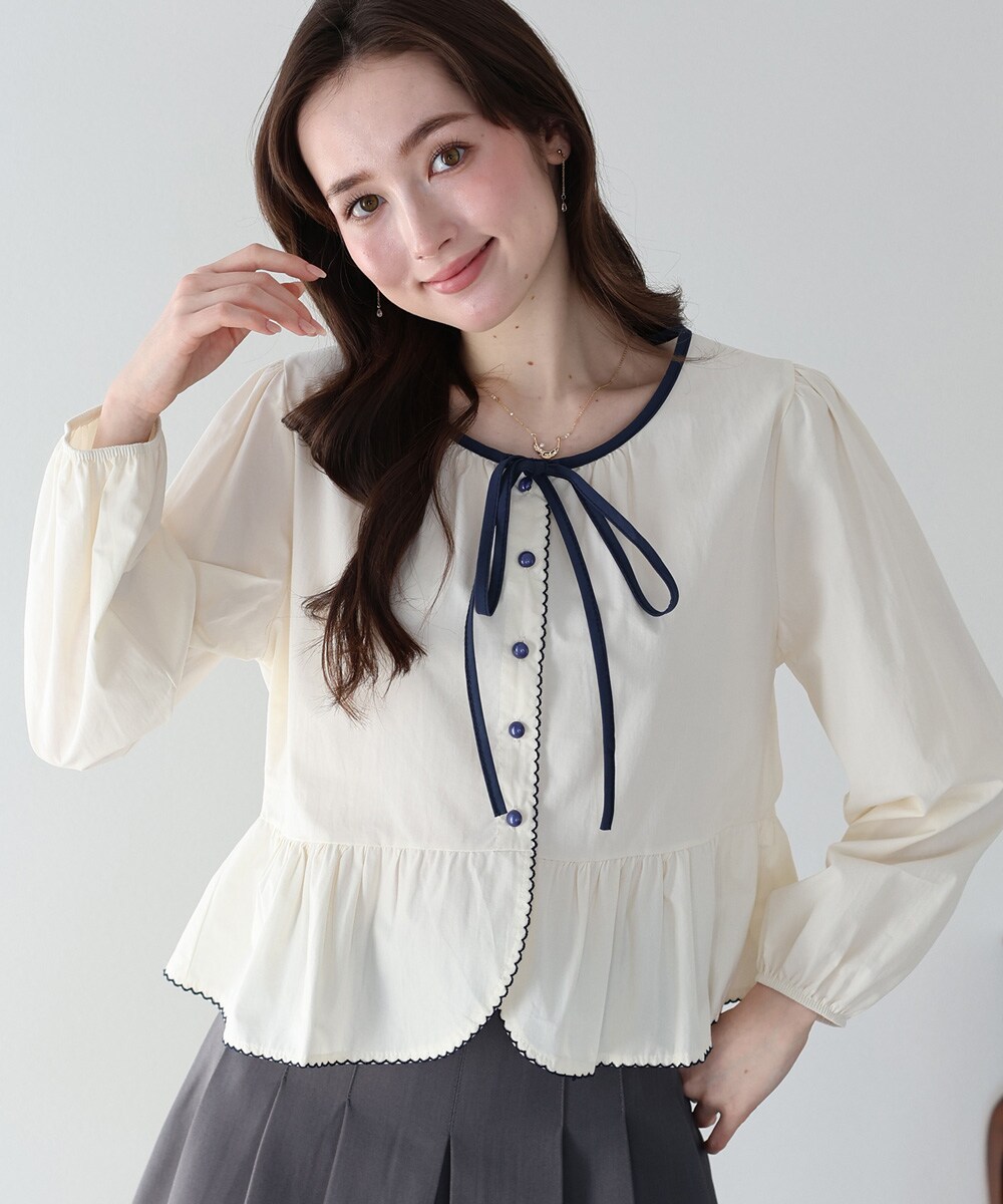 To be chic ペプラム ブラウス ネイビー リボン 40 Lサイズ 2025SS✨未 