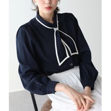 ノーカラーパールボウタイブラウス