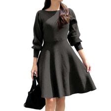 神戸レタス(KOBE LETTUCE)の[ 岡部あゆみさんコラボ ] フレアニットワンピース 選べる丈・選べるネック [E2920]