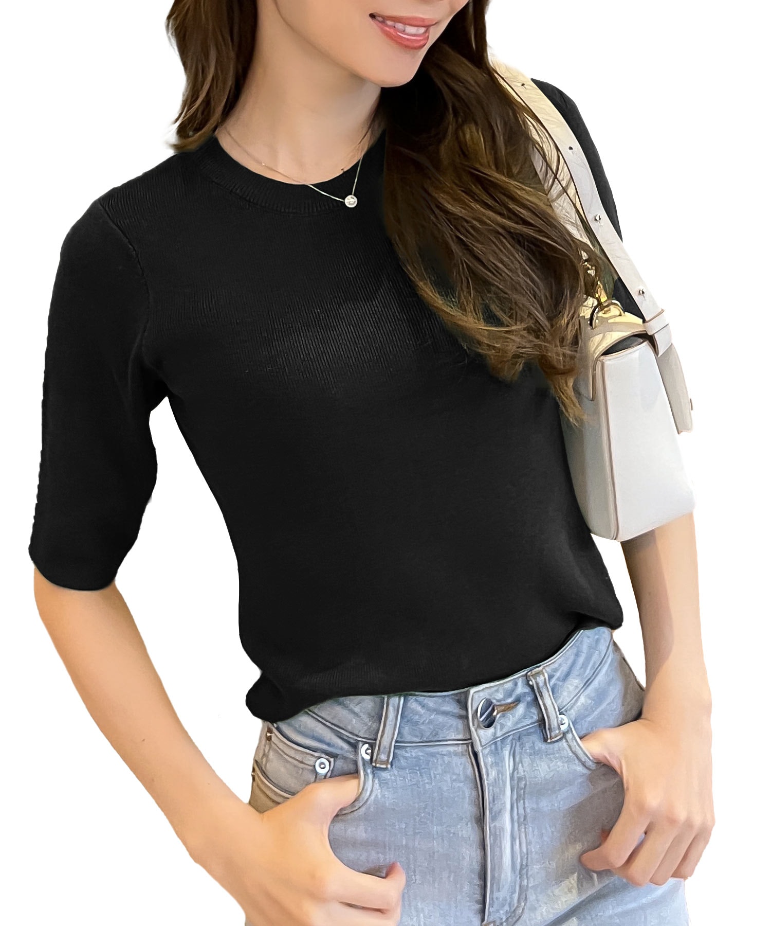 [ 岡部あゆみさんコラボ ]選べる2タイプUVカットコットンレーヨンニットトップス [C6589]