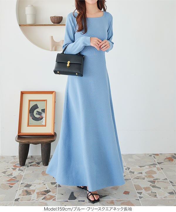 選べるネック フィット＆フレアニットワンピース（長袖・半袖