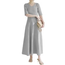 神戸レタス(KOBE LETTUCE)の選べるネック フィット＆フレアニットワンピース（長袖・半袖・ノースリーブ） [E3289]