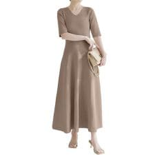 神戸レタス(KOBE LETTUCE)の選べるネック フィット＆フレアニットワンピース（長袖・半袖・ノースリーブ） [E3289]