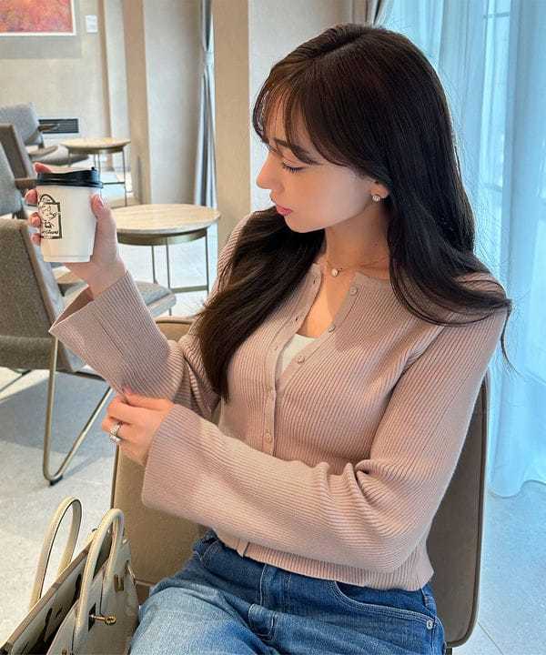 [ 岡部あゆみさんコラボ ] フレアスリーブリブニットカーディガン(選べる2タイプ)[C6779]