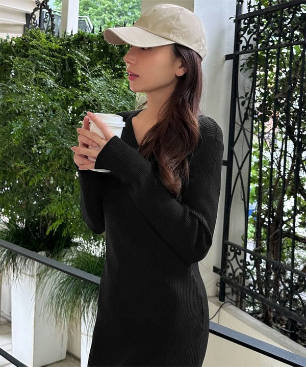 [ 岡部あゆみさんコラボ ] リブニットワンピース [E3298]（ボートネック・Vネック）