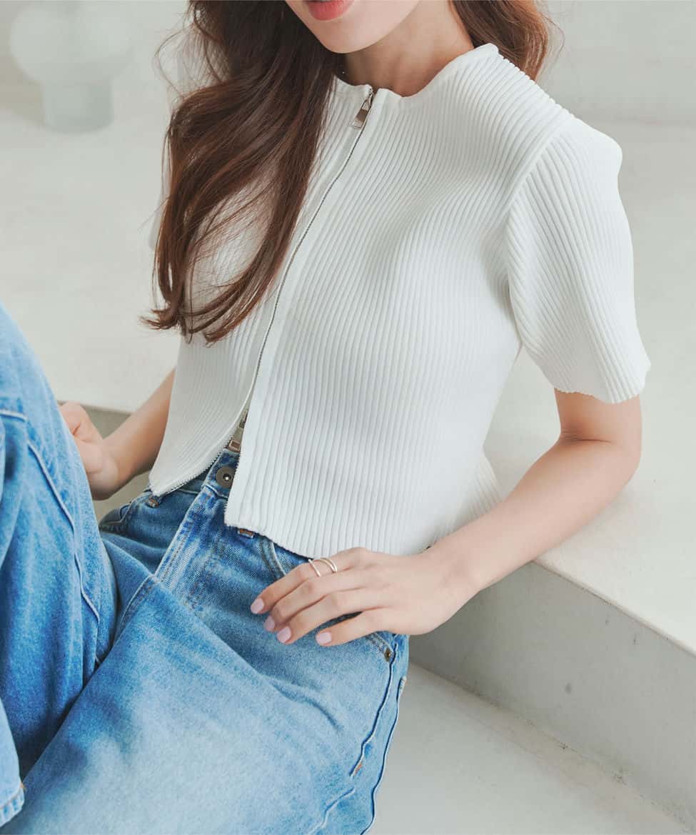 ダブルジップ半袖ニットトップス [C7079] | 神戸レタス(KOBE LETTUCE