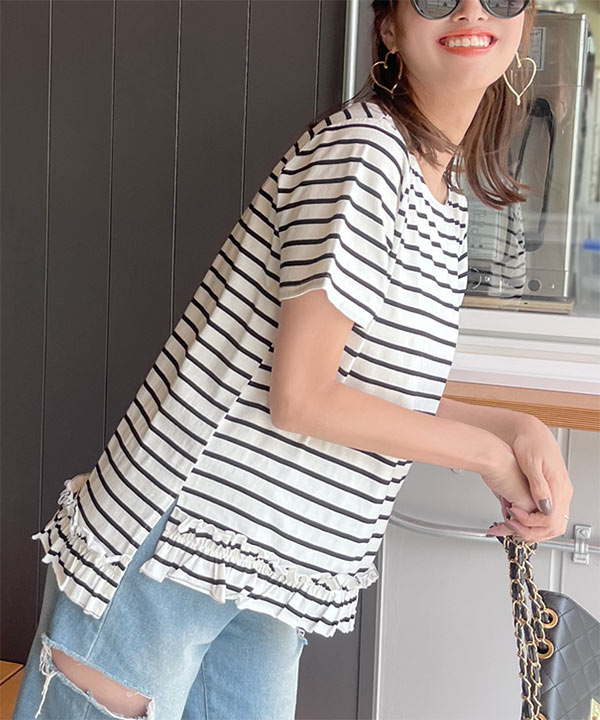 SNIDEL チュニックフリルTシャツネイビーゆったりシルエット