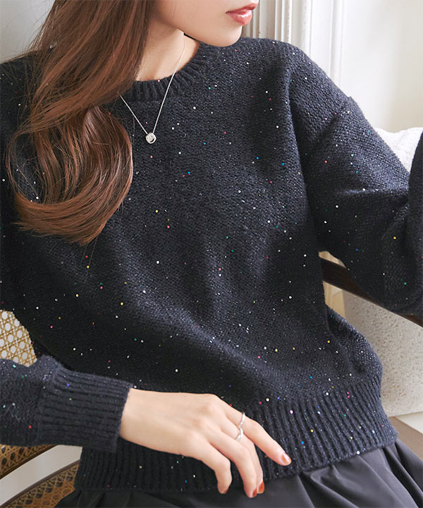 meltie きらきらサマーフリルニット BLACK ショルダーフリルニット