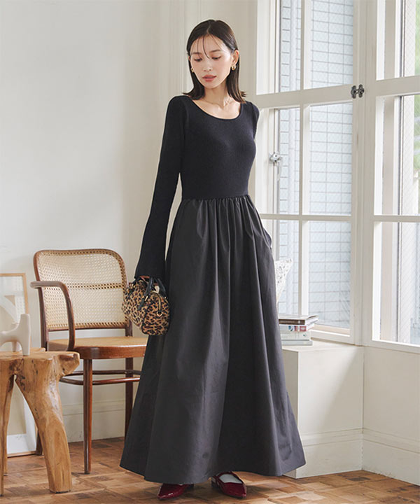 フレアスリーブニットトップスドッキングワンピース [E3449] | 神戸