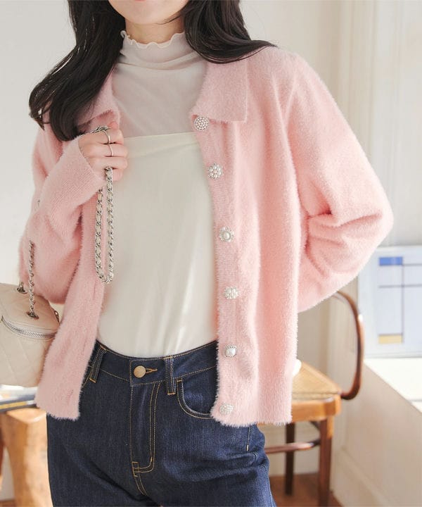 襟付きビジューボタンシャギーニットカーディガン [N1108] | 神戸