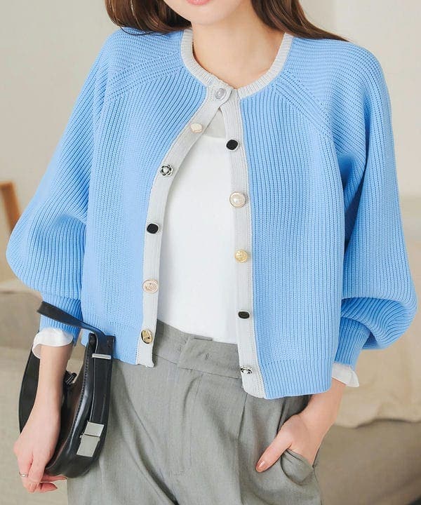 ブルーのカーディガン メランジ起毛ショートニットカーディガン