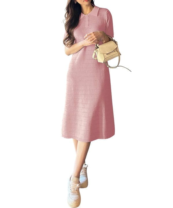 ［ 岡部あゆみさんコラボ ］リップルボーダーポロカラーニットワンピース [E3448]